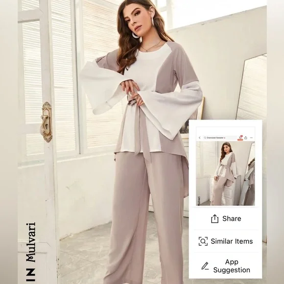 SHEIN Mulvari Colorblock Trumpet Sleeve Blouse
& Belted Pants - Picture 5 of 6